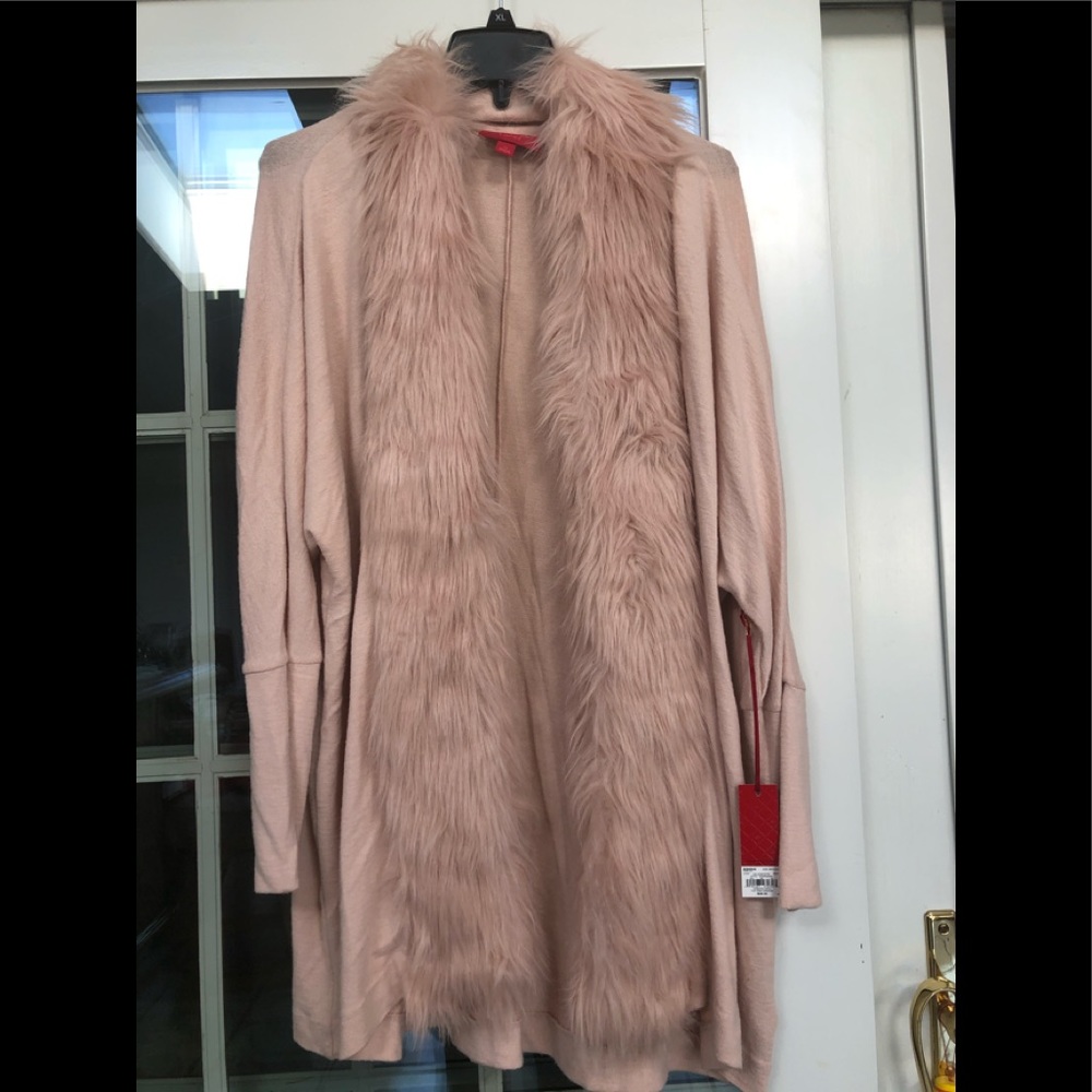 Jennifer Lopez Pink Faux Fur Trim Cardigan